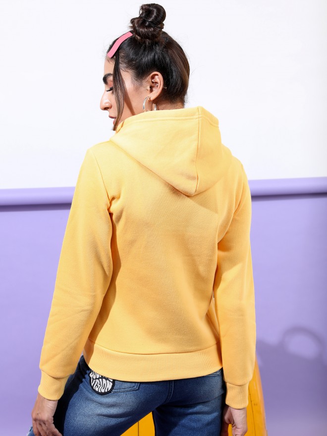 Tokyo Talkies Women Yellow Solid Front-Open Hood Sweatshirts 