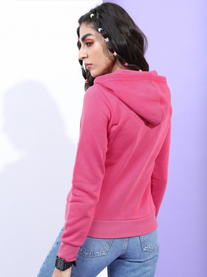 Tokyo Talkies Women Pink Solid Front-Open Hood Sweatshirts 