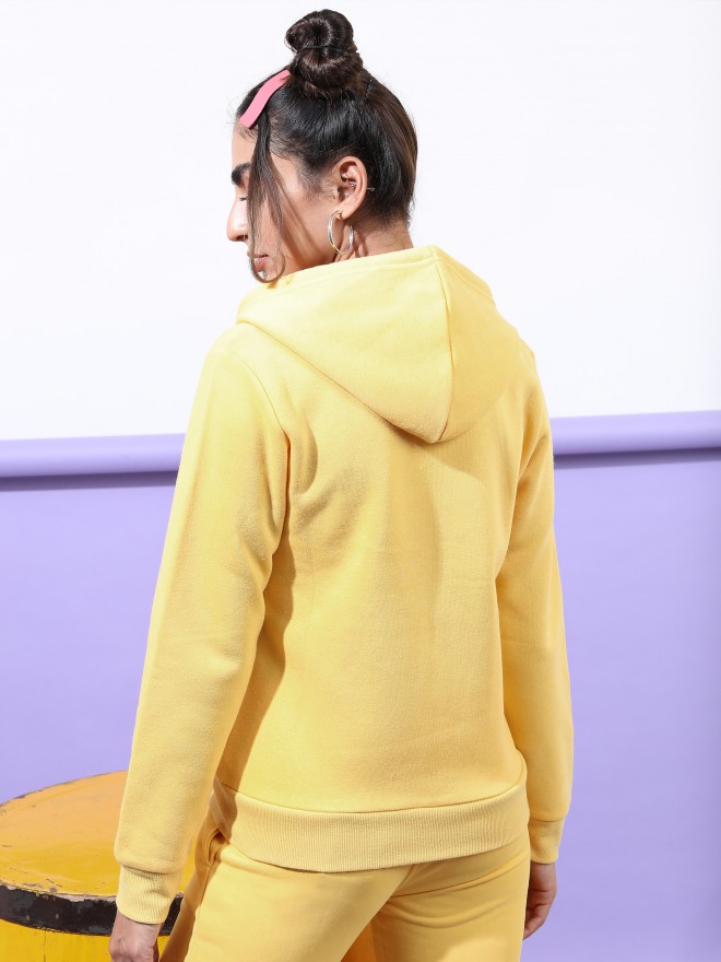 Tokyo Talkies Women Yellow Solid Front-Open Hood Sweatshirts 