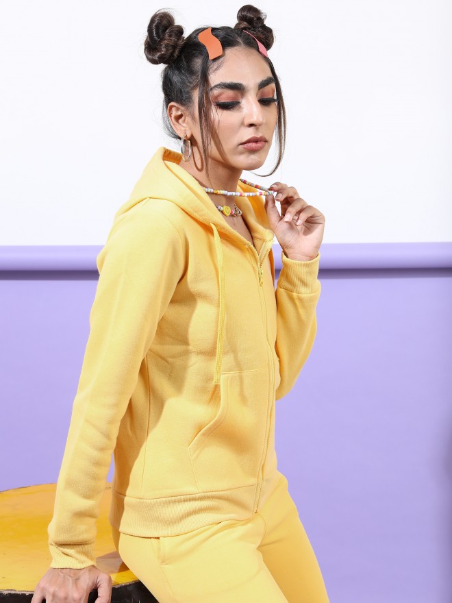 Tokyo Talkies Women Yellow Solid Front-Open Hood Sweatshirts 