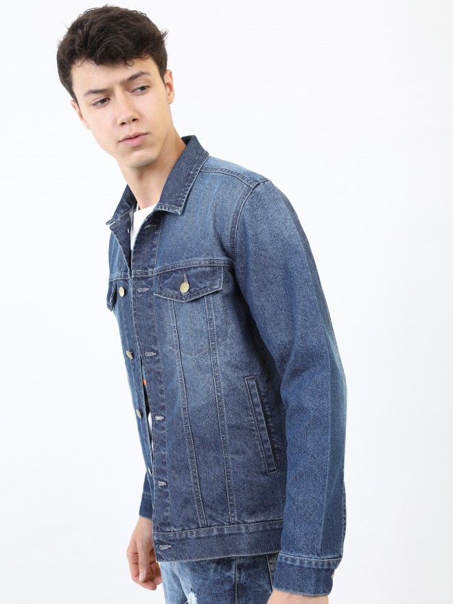 Full Sleeve Party Wear Mens Blue Printed Denim Jacket, Size: M-XL