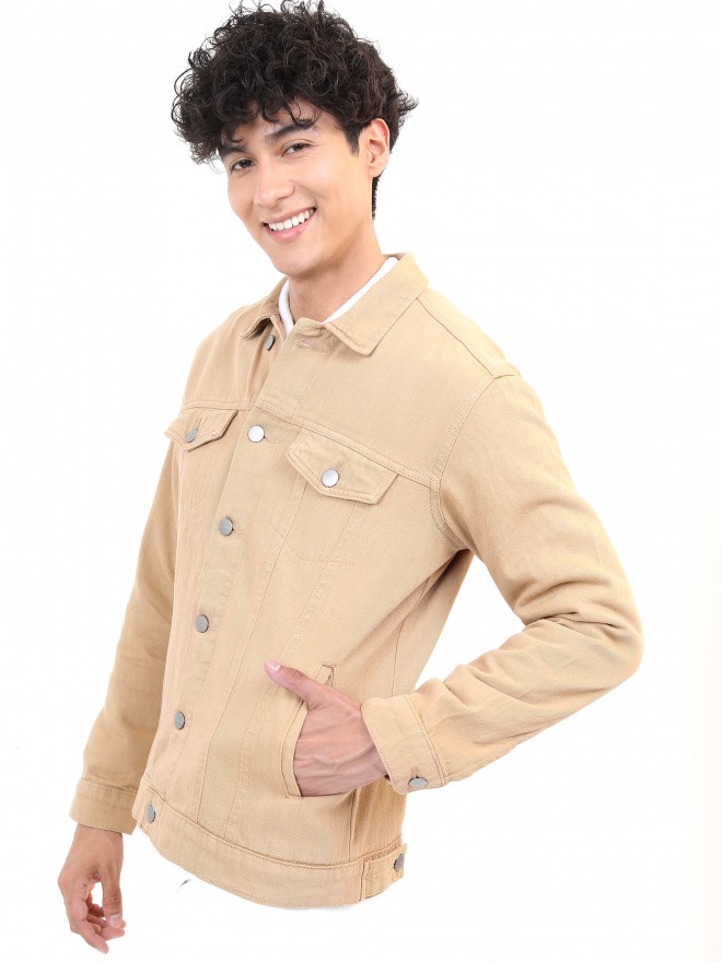 Men's Beige Leather Jacket with Shirt Collar