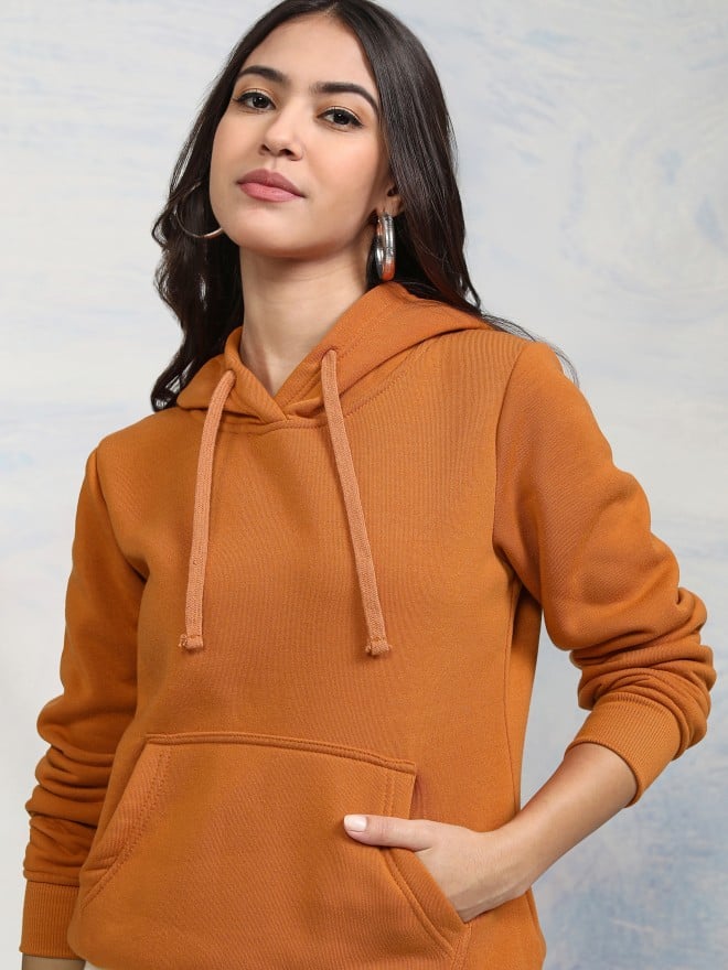 Tokyo Talkies Women Terracotta Solid Pullover Hood Sweatshirts 