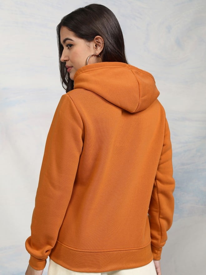 Tokyo Talkies Women Terracotta Solid Pullover Hood Sweatshirts 