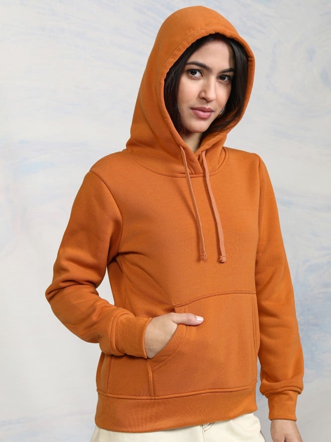 Tokyo Talkies Women Terracotta Solid Pullover Hood Sweatshirts 