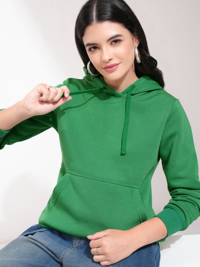 Tokyo Talkies Women Green Solid Pullover Hood Sweatshirts 