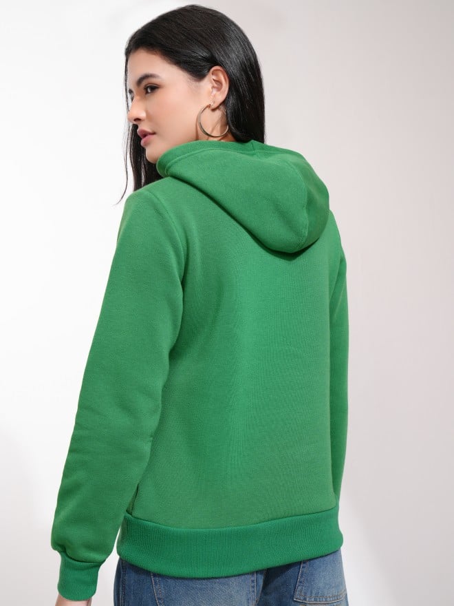 Tokyo Talkies Women Green Solid Pullover Hood Sweatshirts 