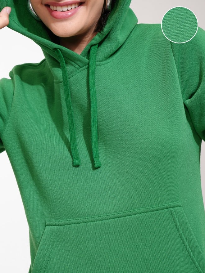 Tokyo Talkies Women Green Solid Pullover Hood Sweatshirts 