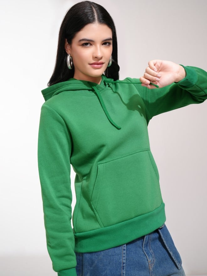 Tokyo Talkies Women Green Solid Pullover Hood Sweatshirts 