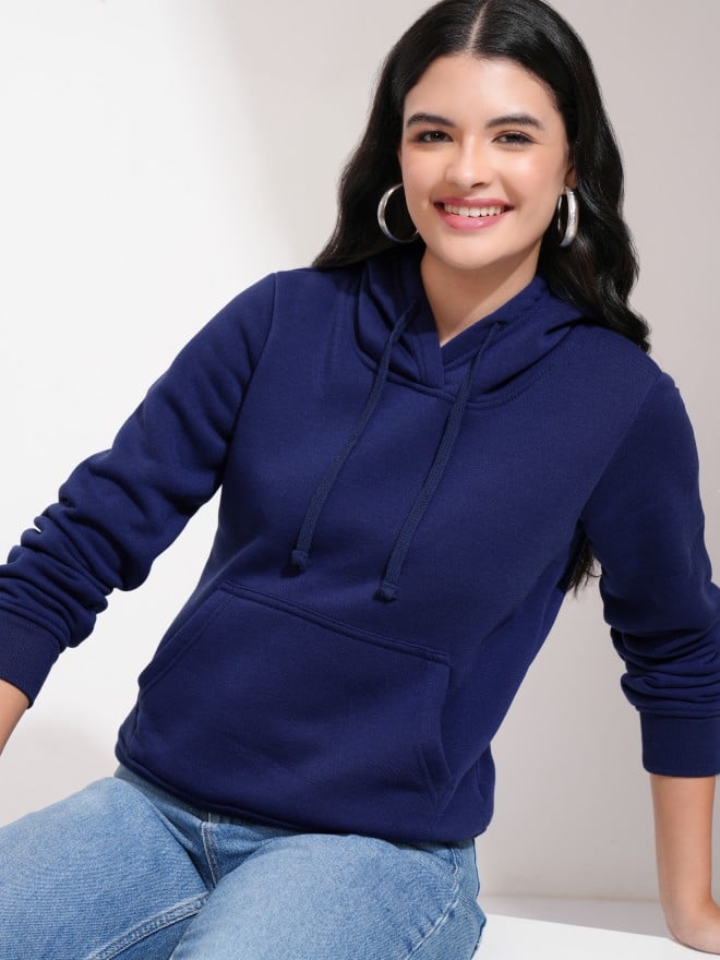 Tokyo Talkies Women Navy Blue Solid Pullover Hood Sweatshirts 