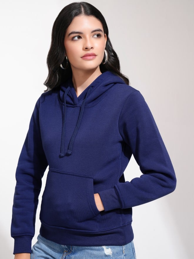 Tokyo Talkies Women Navy Blue Solid Pullover Hood Sweatshirts 