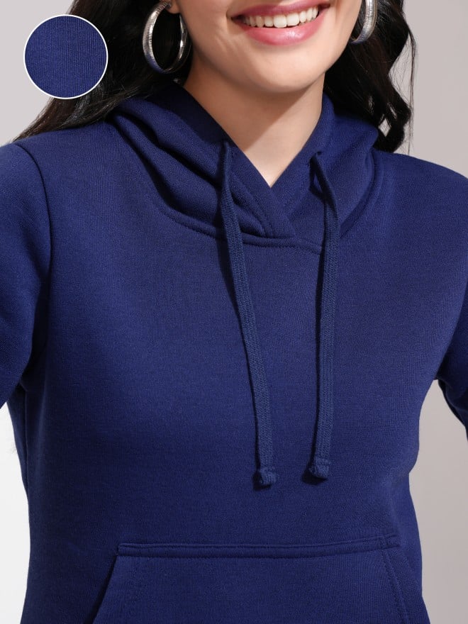 Tokyo Talkies Women Navy Blue Solid Pullover Hood Sweatshirts 