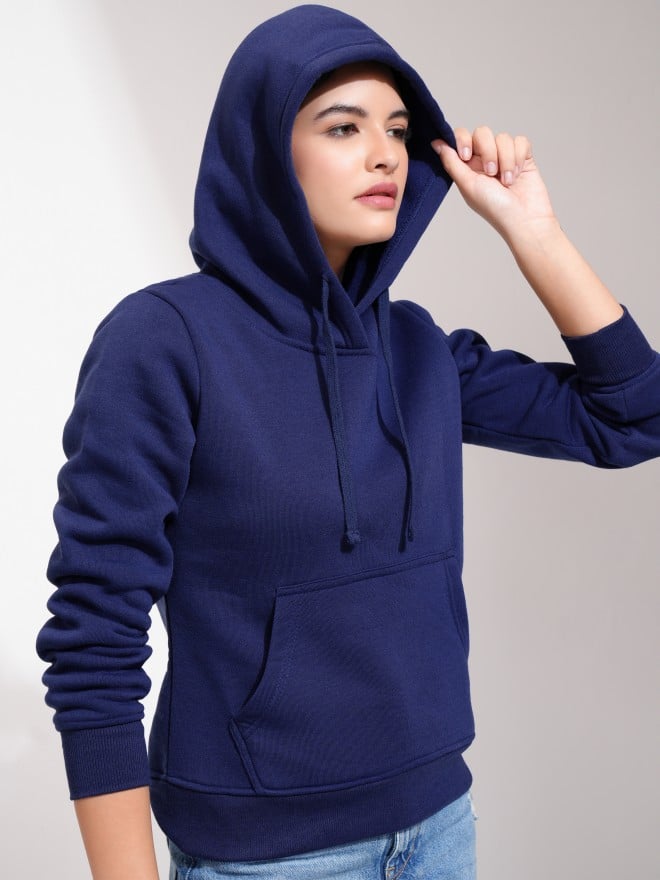 Tokyo Talkies Women Navy Blue Solid Pullover Hood Sweatshirts 