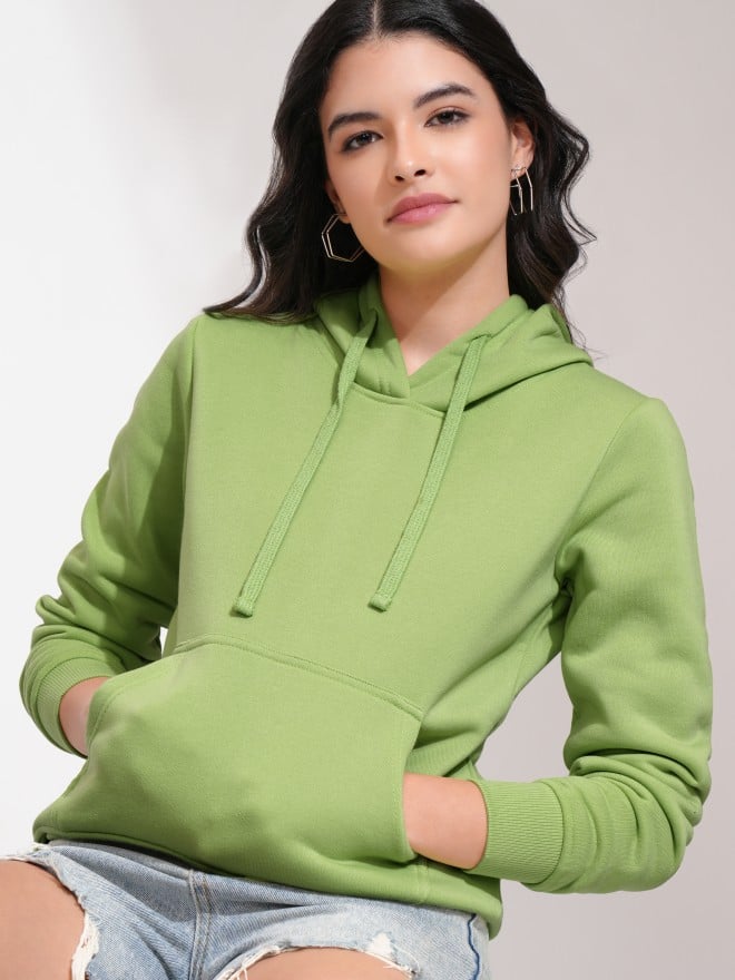 Tokyo Talkies Women Green Solid Pullover Hood Sweatshirts 