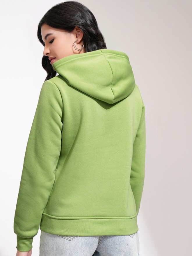 Tokyo Talkies Women Green Solid Pullover Hood Sweatshirts 