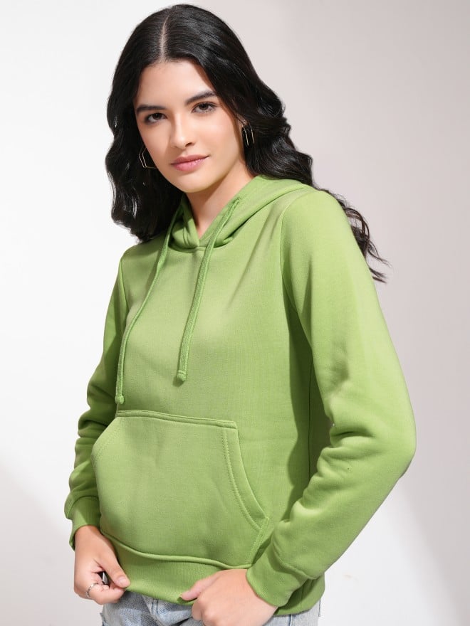 Tokyo Talkies Women Green Solid Pullover Hood Sweatshirts 