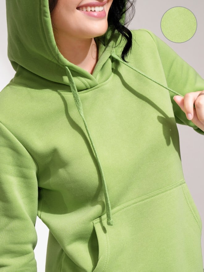 Tokyo Talkies Women Green Solid Pullover Hood Sweatshirts 