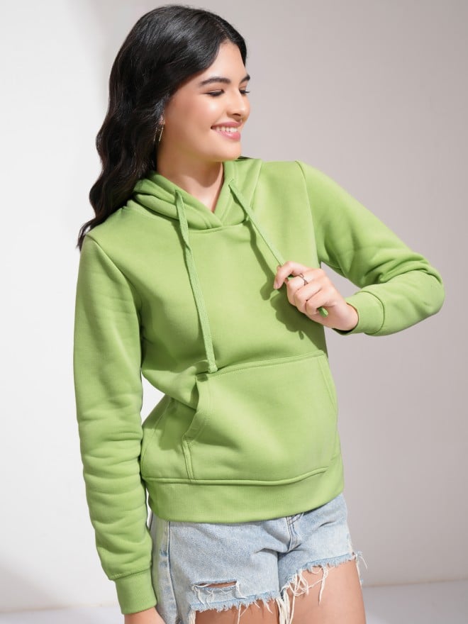 Tokyo Talkies Women Green Solid Pullover Hood Sweatshirts 