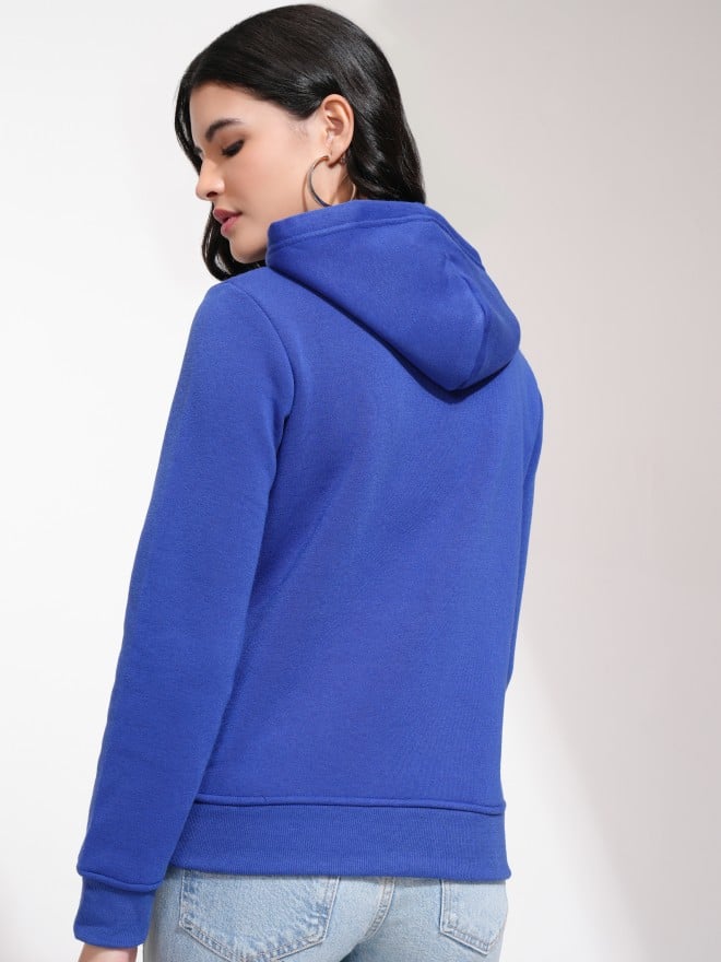 Tokyo Talkies Women Blue Solid Pullover Hood Sweatshirts 