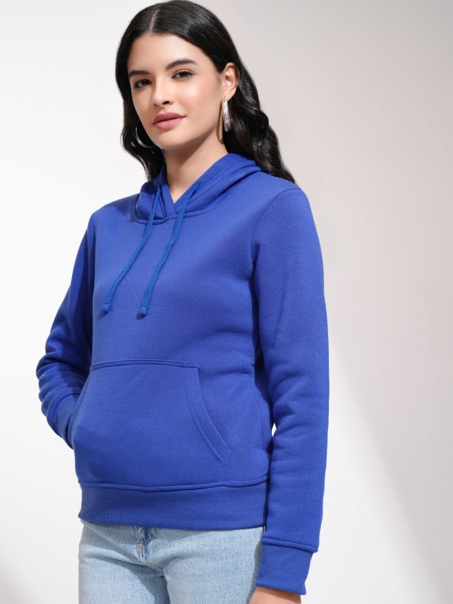 Tokyo Talkies Women Blue Solid Pullover Hood Sweatshirts 