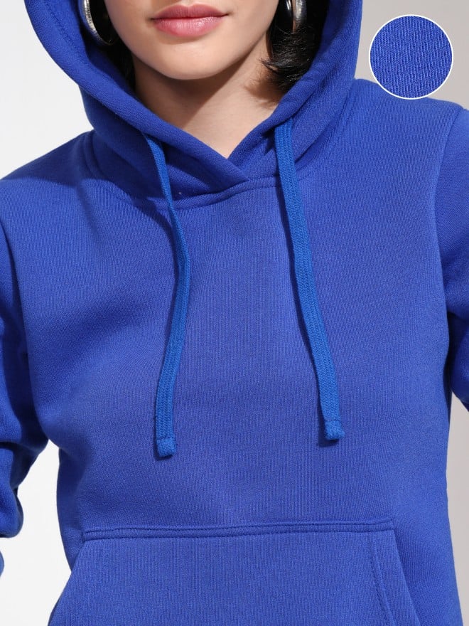 Tokyo Talkies Women Blue Solid Pullover Hood Sweatshirts 