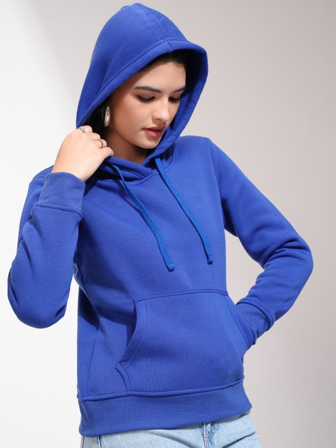 Tokyo Talkies Women Blue Solid Pullover Hood Sweatshirts 