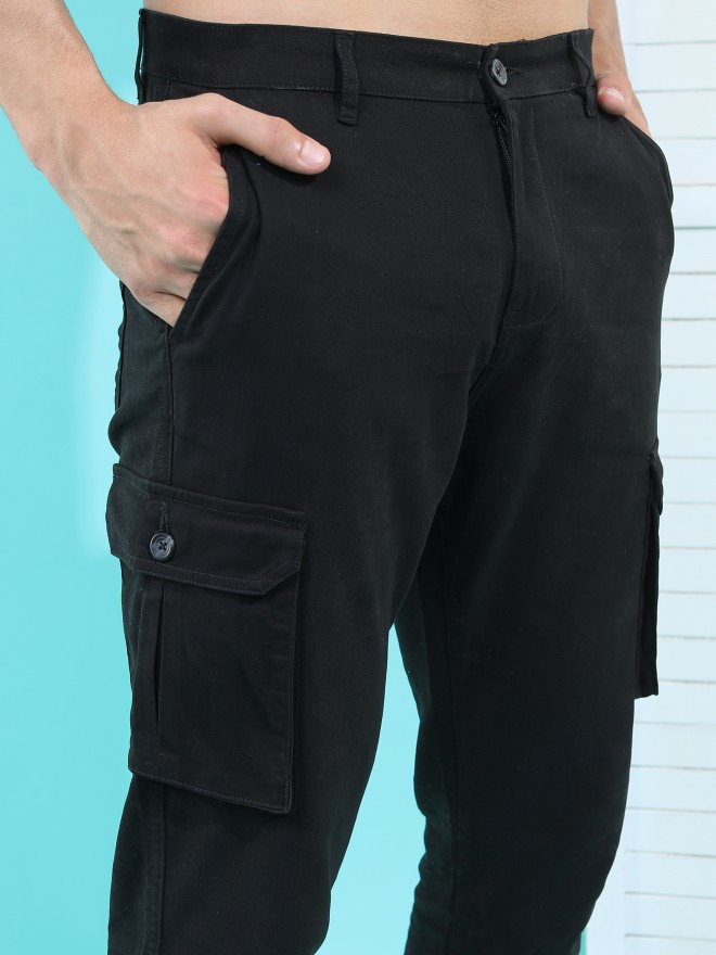 Highlander Men Black Slim Fit Solid Casual Trousers Cargos 