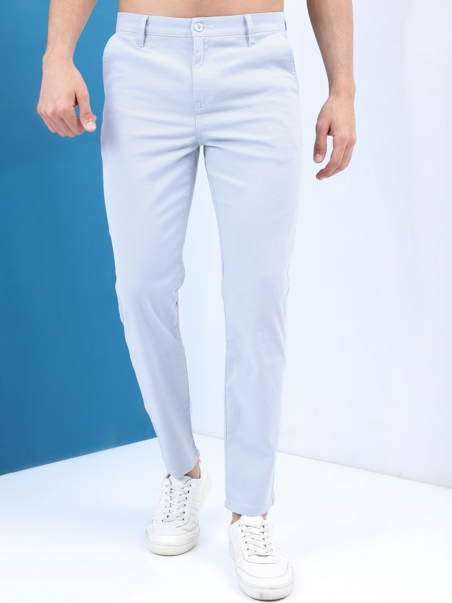 BASICS TAPERED FIT ICE BLUE COTTON STRETCH TROUSERS-23BTR50277