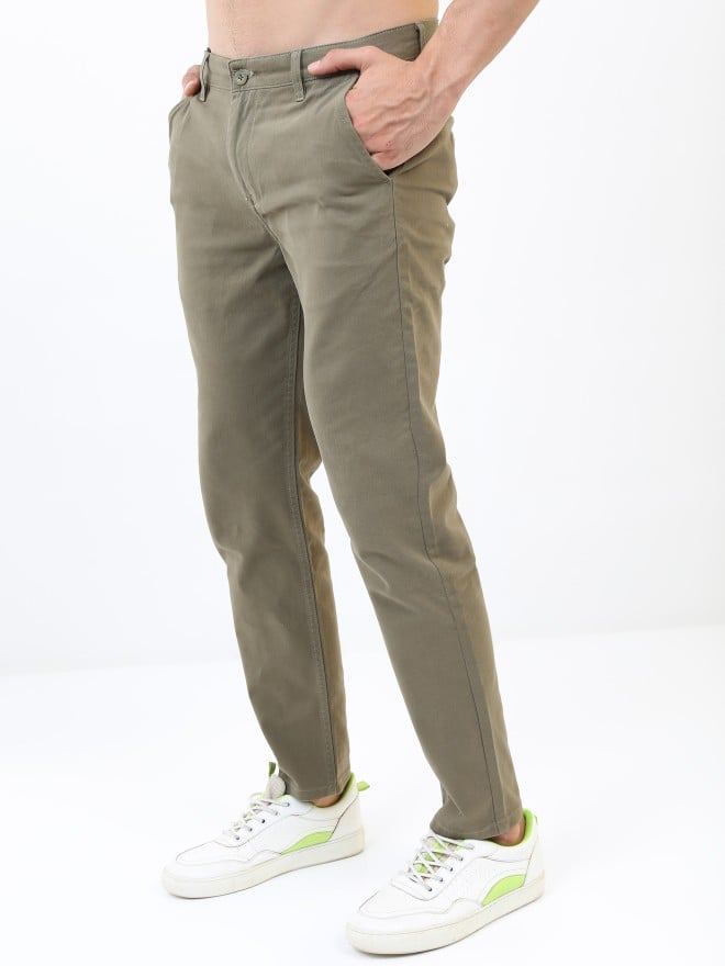 Highlander Men Olive Tapered Fit Solid Casual Trousers Chinos 