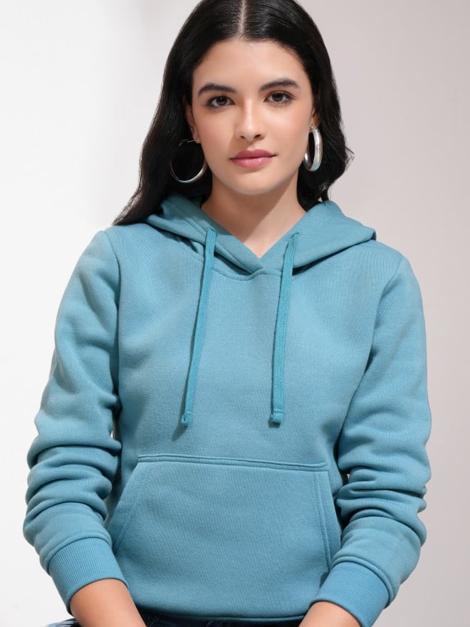 Tokyo Talkies Women Blue Solid Pullover Hood Sweatshirts 