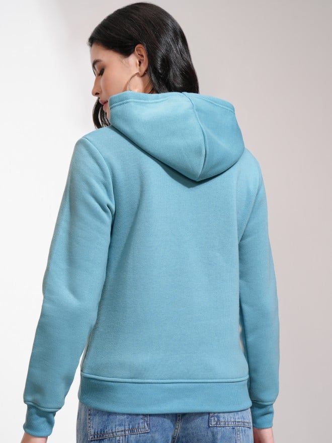 Tokyo Talkies Women Blue Solid Pullover Hood Sweatshirts 