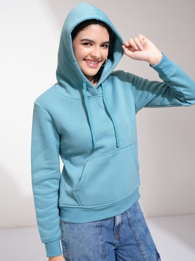 Tokyo Talkies Women Blue Solid Pullover Hood Sweatshirts 