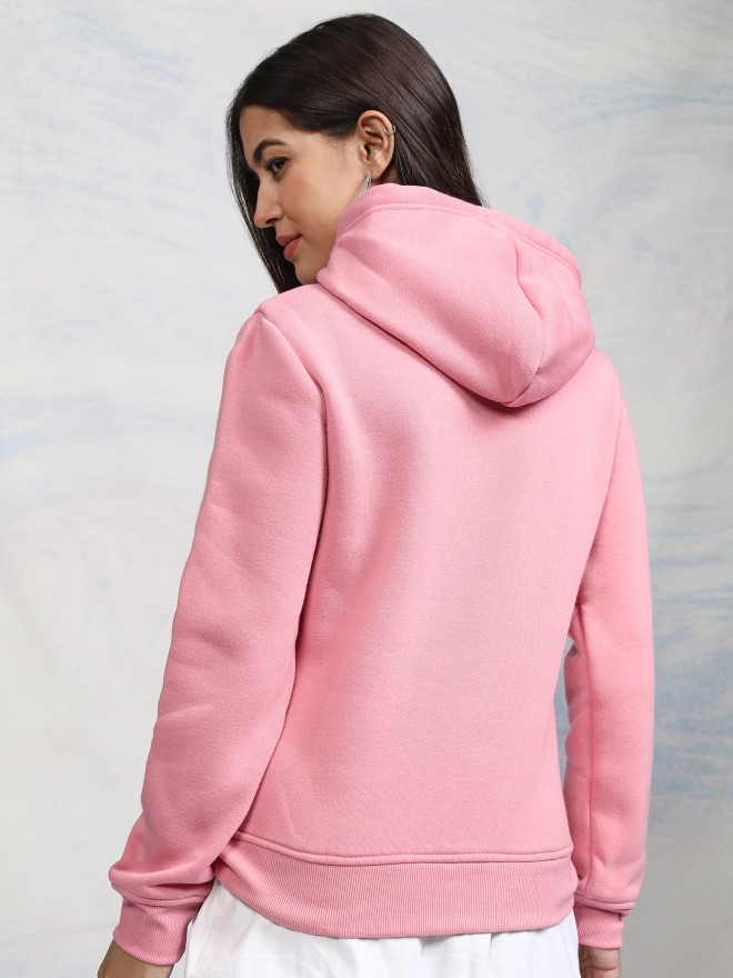 Tokyo Talkies Women Pink Solid Pullover Hood Sweatshirts 