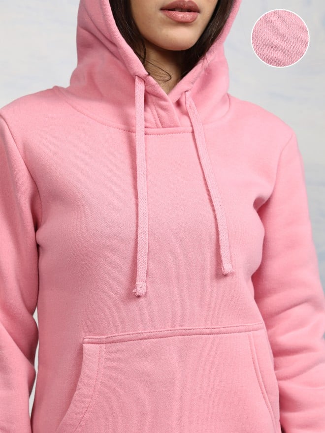 Tokyo Talkies Women Pink Solid Pullover Hood Sweatshirts 