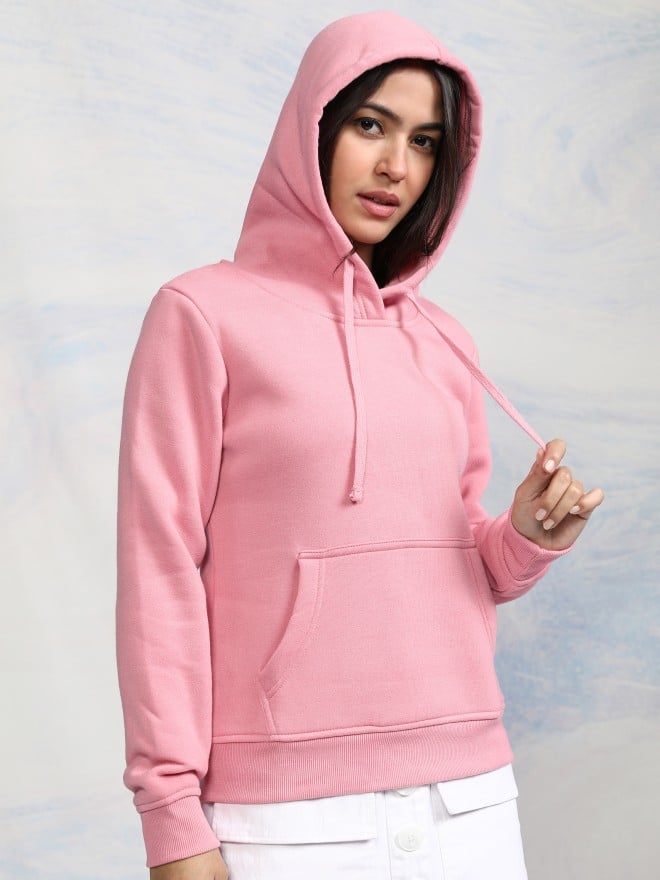 Tokyo Talkies Women Pink Solid Pullover Hood Sweatshirts 