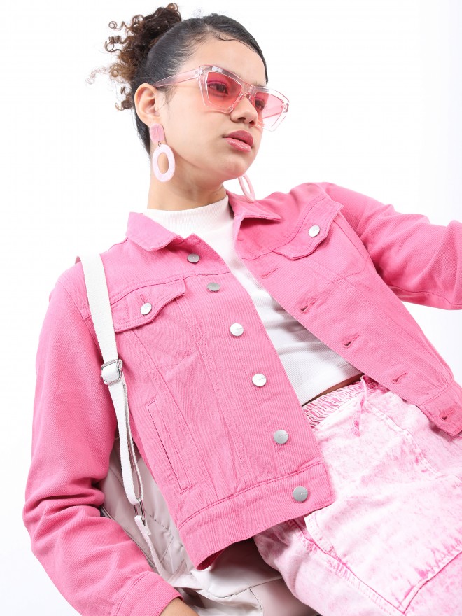 Bershka oversized denim jacket in bright pink | ASOS