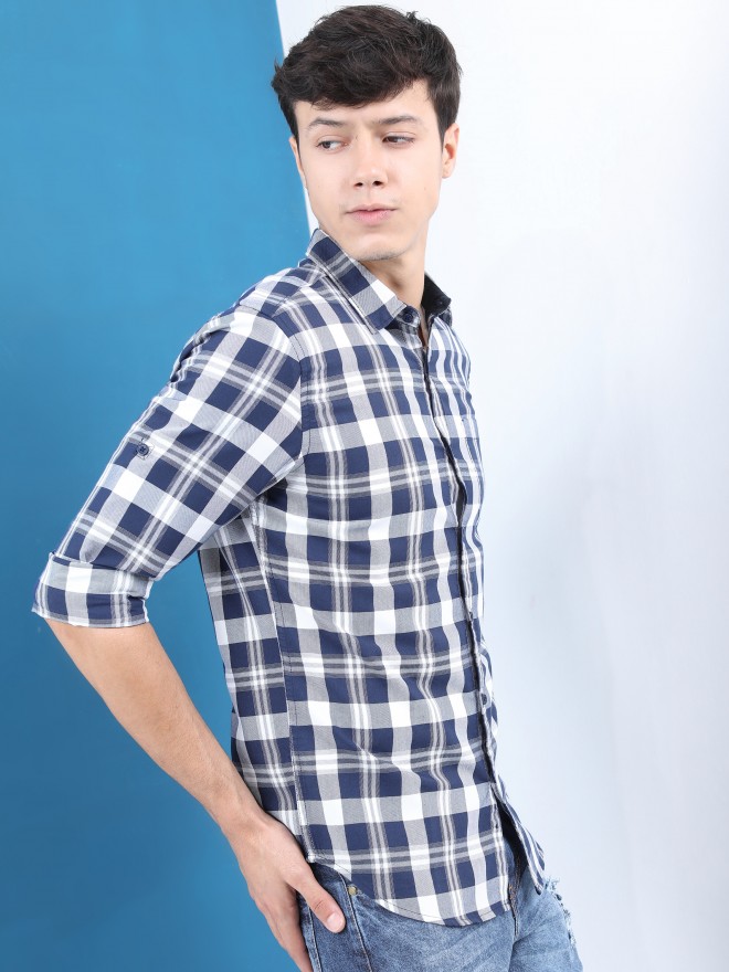 Buy Highlander Navy Blue/White Checked Casual Shirt for Men Online at ...