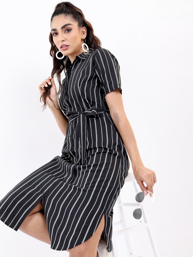 Buy HERE&NOW Navy Blue & Grey Striped Pure Cotton Tiered A Line Midi Dress  - Dresses for Women 20874180 | Myntra