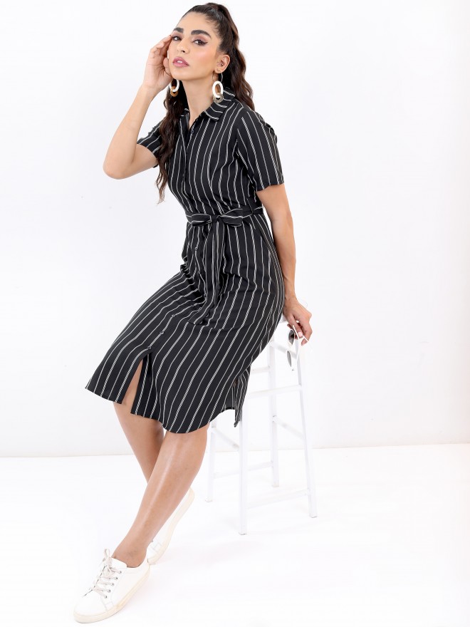 Lucky Brand Womens Striped Shirt Dress, Black, Medium