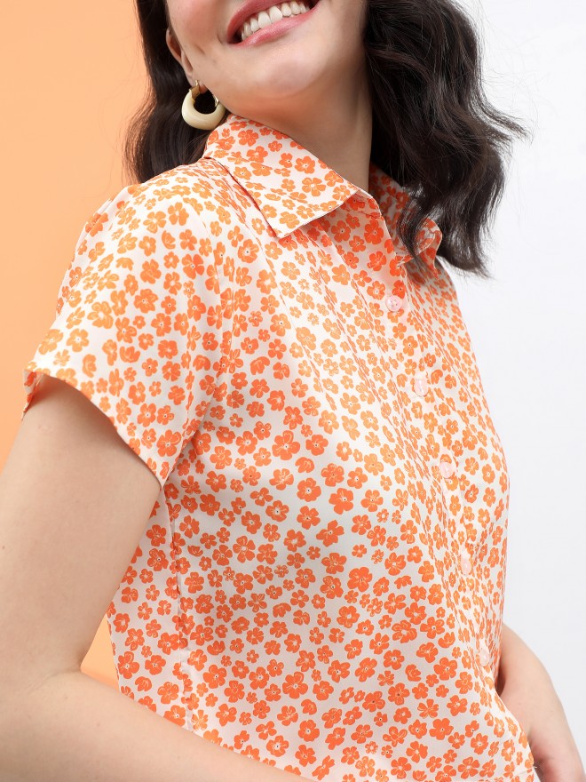 Tokyo Talkies Women Orange Printed Casual Shirts 