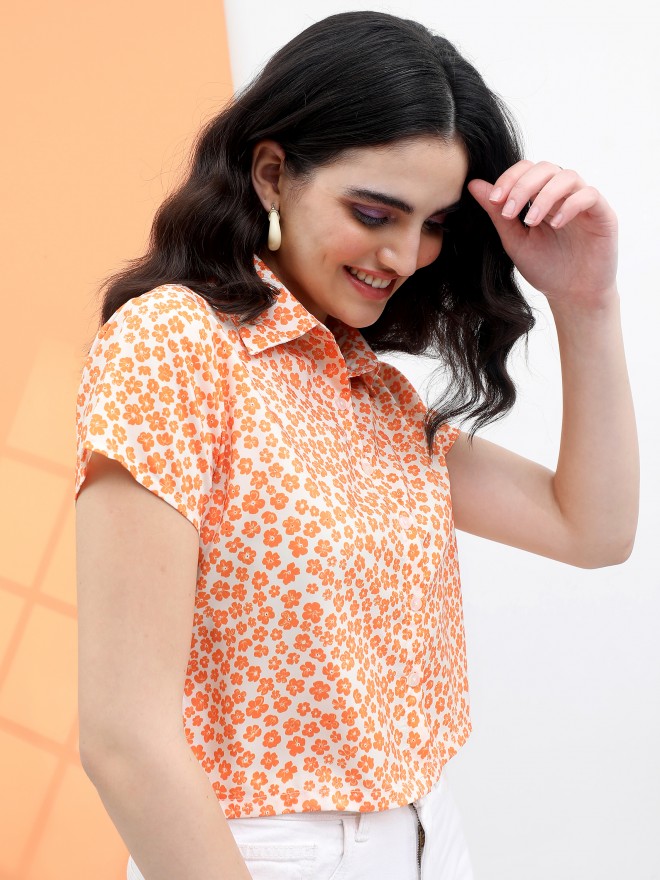 Tokyo Talkies Women Orange Printed Casual Shirts 