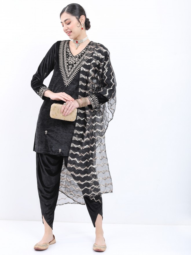 Buy Ketch Black Embroidered Velvet Kurta With Dhoti Pant And Dupatta for  Women Online at Rs.1339 - Ketch