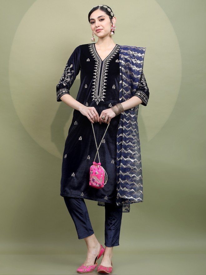 Buy online Women Navy Blue Kurta Palazzo Set With Dupatta from ethnic wear  for Women by Showoff for ₹3389 at 68% off | 2024 Limeroad.com