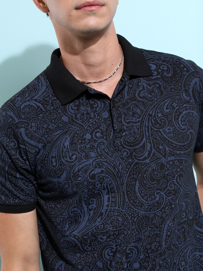 Highlander Men Black Printed Polo Collar Polo T-Shirts 