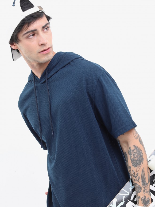 Highlander Men Navy Blue Solid Oversized Hooded T-Shirt