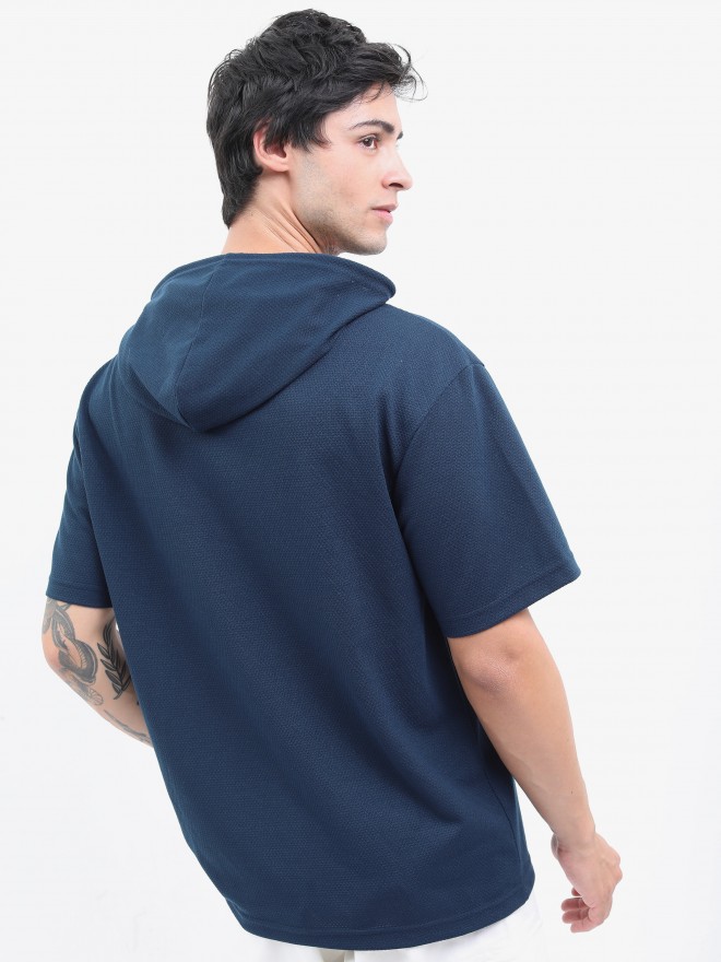 Highlander Men Navy Blue Solid Oversized Hooded T-Shirt