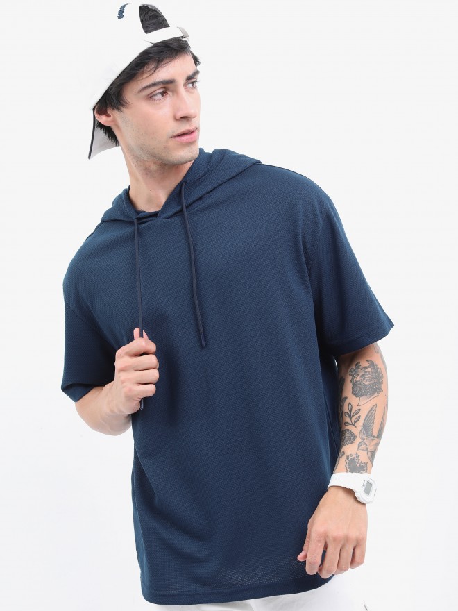 Highlander Men Navy Blue Solid Oversized Hooded T-Shirt