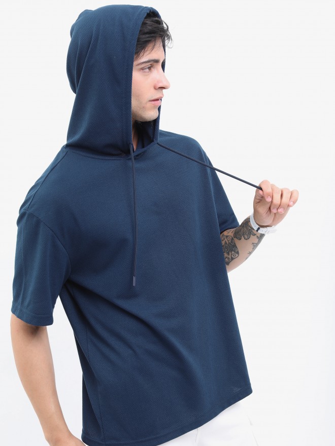 Highlander Men Navy Blue Solid Oversized Hooded T-Shirt