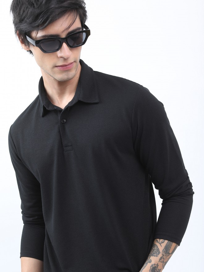 Highlander Men Black Solid Polo Collar Polo T-Shirts 