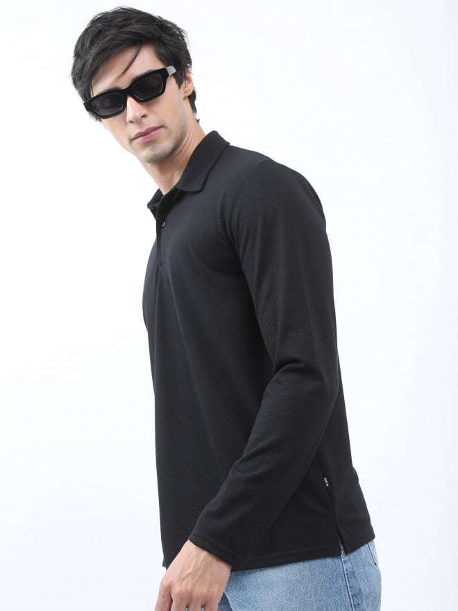 Highlander Men Black Solid Polo Collar Polo T-Shirts 